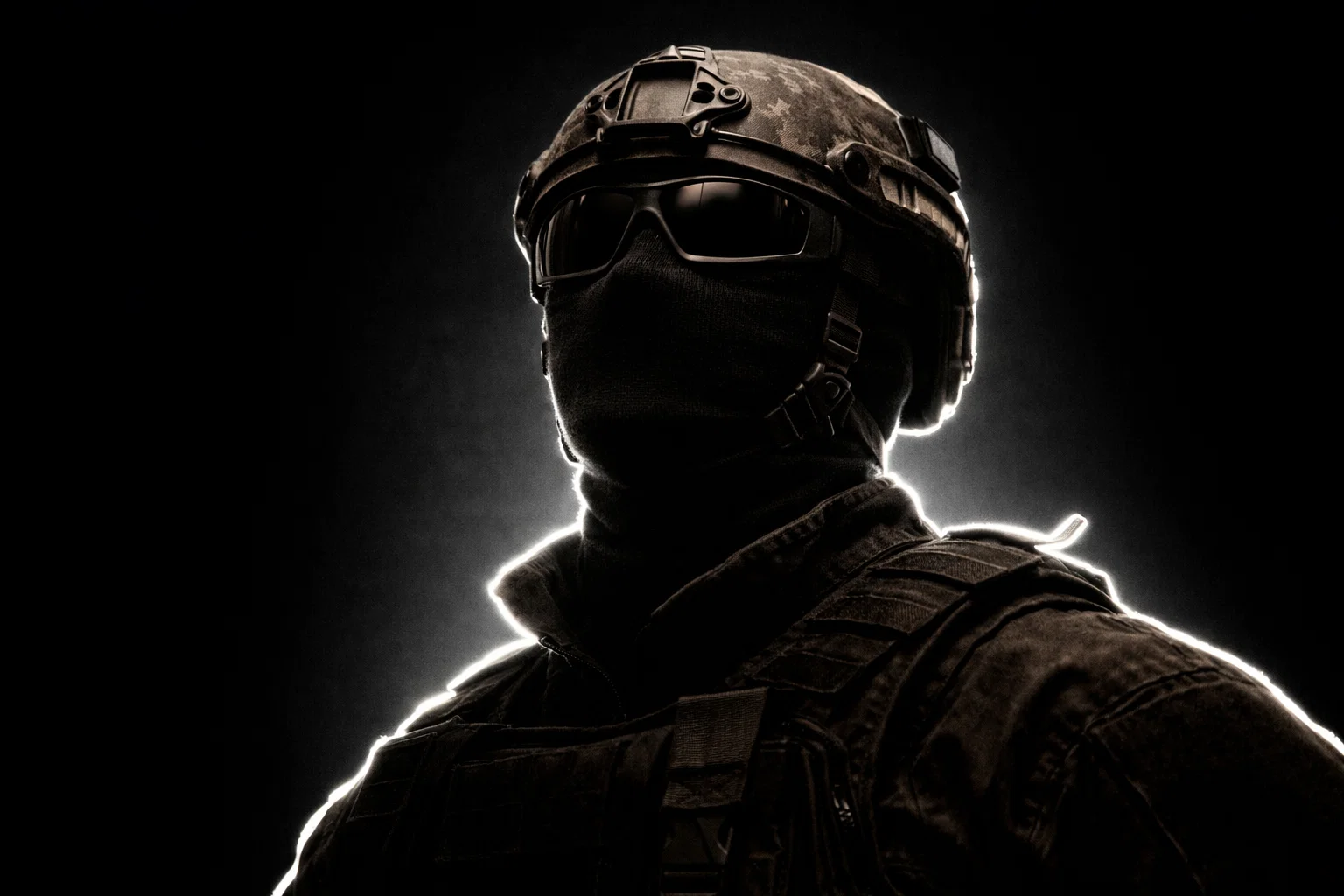 Soldier with modular helmet looking proudly to the sky
